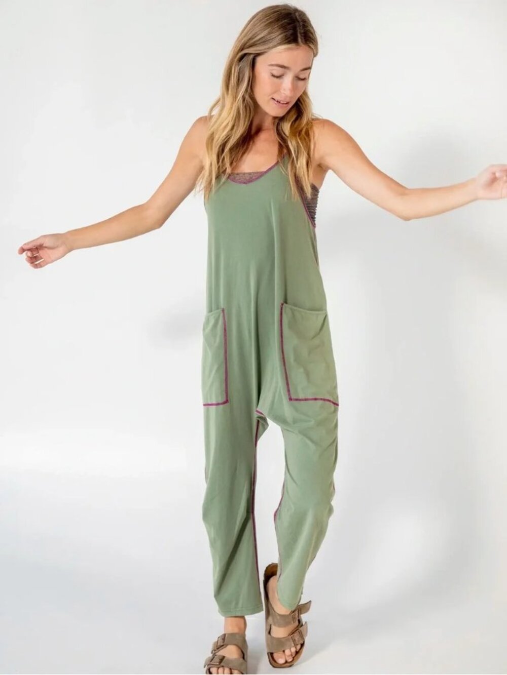 Natural Life Lucy Jumpsuit Green With Purple Trim Large